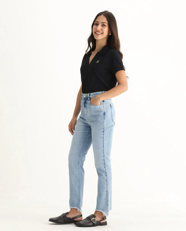 Rareism Women Viceroy Blue Cotton Lycra Fabric Mid Rise Solid Tailored Fit Ankle Length Jeans