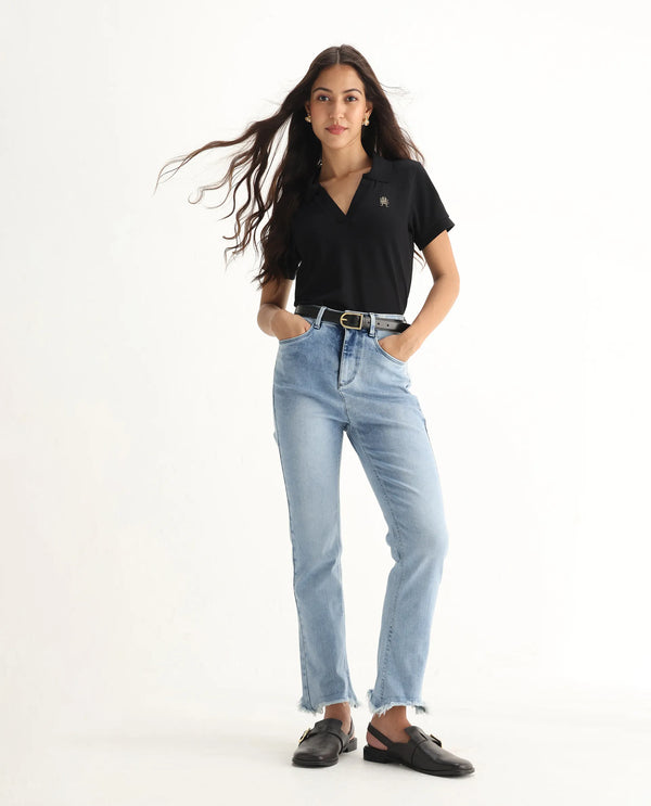 Rareism Women Viceroy Blue Cotton Lycra Fabric Mid Rise Solid Tailored Fit Ankle Length Jeans