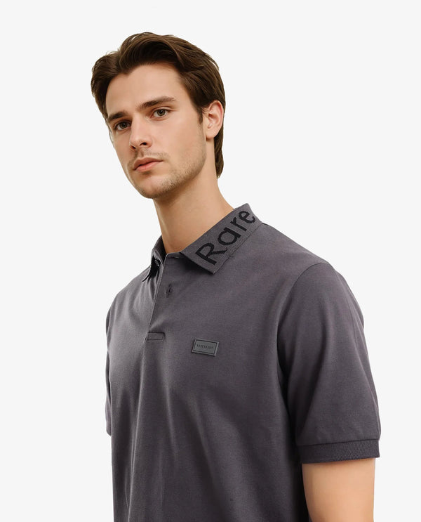 Rare Rabbit Men Vinc Dark Grey Cotton Fabric Short Sleeve Silicon Badge Button Closure Plain Polo