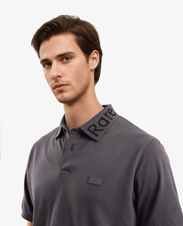 Rare Rabbit Men Vinc Dark Grey Cotton Fabric Short Sleeve Silicon Badge Button Closure Plain Polo