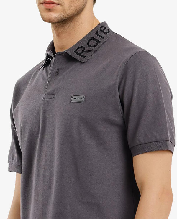 Rare Rabbit Men Vinc Dark Grey Cotton Fabric Short Sleeve Silicon Badge Button Closure Plain Polo