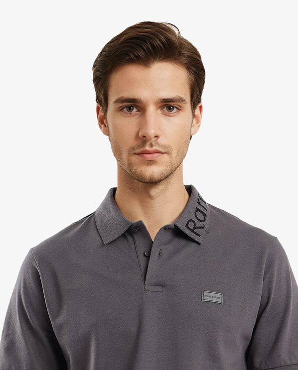 Rare Rabbit Men Vinc Dark Grey Cotton Fabric Short Sleeve Silicon Badge Button Closure Plain Polo