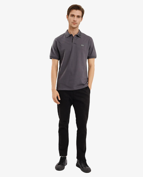 Rare Rabbit Men Vinc Dark Grey Cotton Fabric Short Sleeve Silicon Badge Button Closure Plain Polo