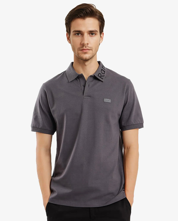 Rare Rabbit Men Vinc Dark Grey Cotton Fabric Short Sleeve Silicon Badge Button Closure Plain Polo
