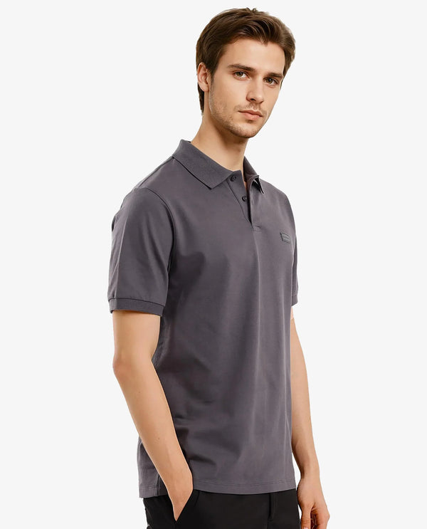 Rare Rabbit Men Vinc Dark Grey Cotton Fabric Short Sleeve Silicon Badge Button Closure Plain Polo