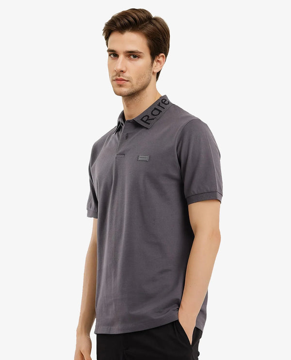 Rare Rabbit Men Vinc Dark Grey Cotton Fabric Short Sleeve Silicon Badge Button Closure Plain Polo