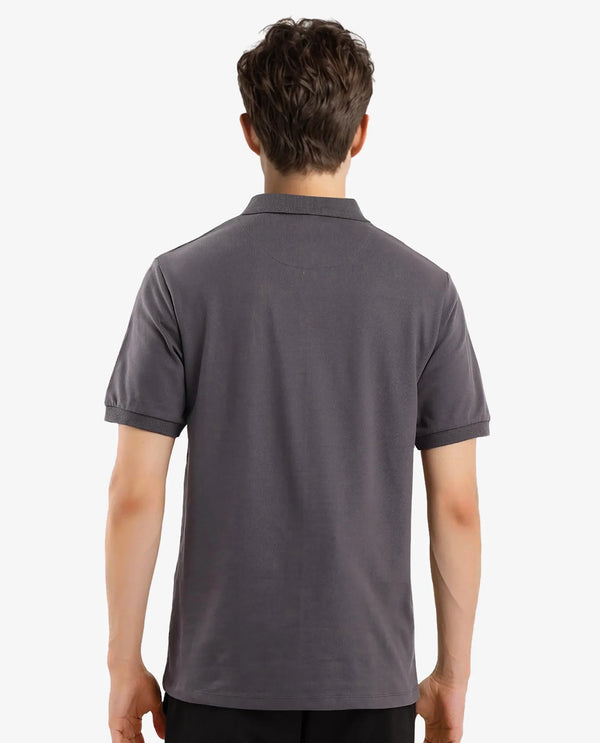 Rare Rabbit Men Vinc Dark Grey Cotton Fabric Short Sleeve Silicon Badge Button Closure Plain Polo