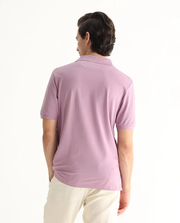 Rare Rabbit Men Vinc Dusky Pink Cotton Fabric Short Sleeve Silicon Badge Button Closure Plain Polo