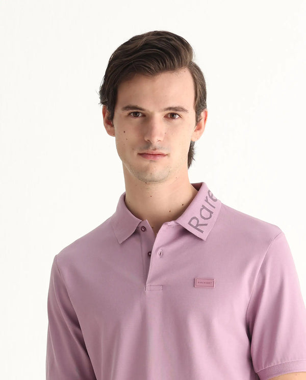 Rare Rabbit Men Vinc Dusky Pink Cotton Fabric Short Sleeve Silicon Badge Button Closure Plain Polo