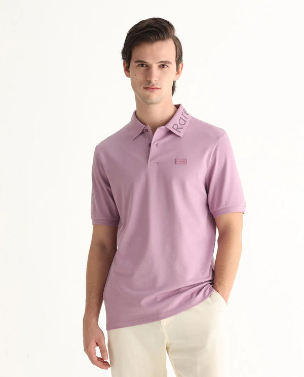 Rare Rabbit Men Vinc Dusky Pink Cotton Fabric Short Sleeve Silicon Badge Button Closure Plain Polo