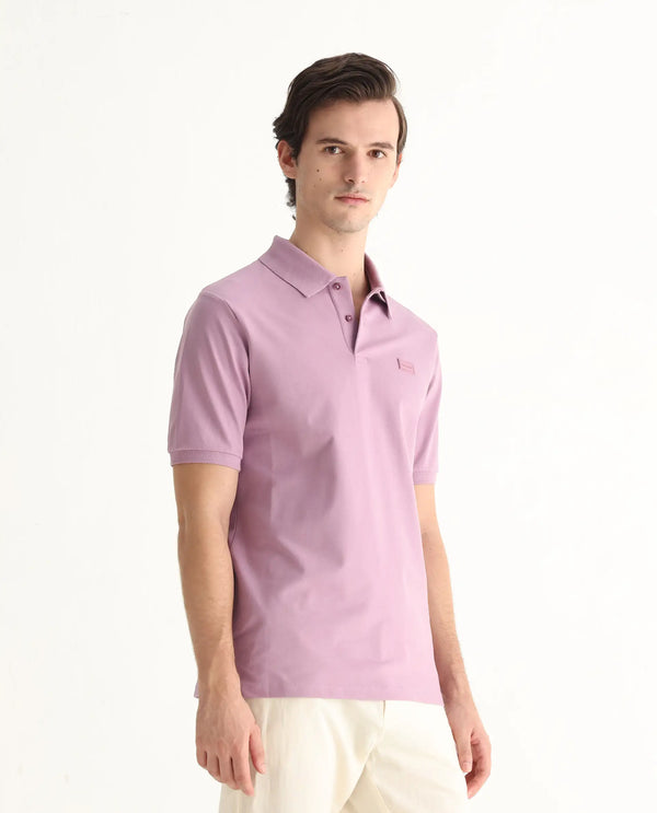 Rare Rabbit Men Vinc Dusky Pink Cotton Fabric Short Sleeve Silicon Badge Button Closure Plain Polo