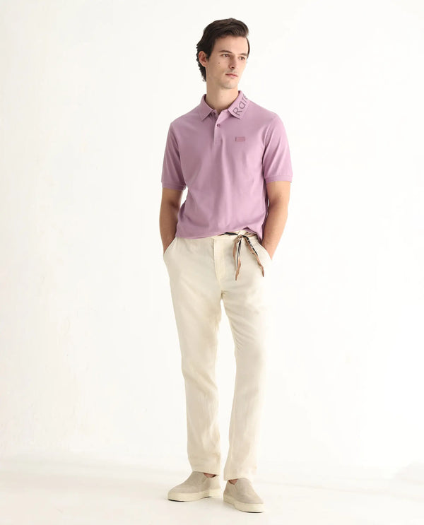 Rare Rabbit Men Vinc Dusky Pink Cotton Fabric Short Sleeve Silicon Badge Button Closure Plain Polo