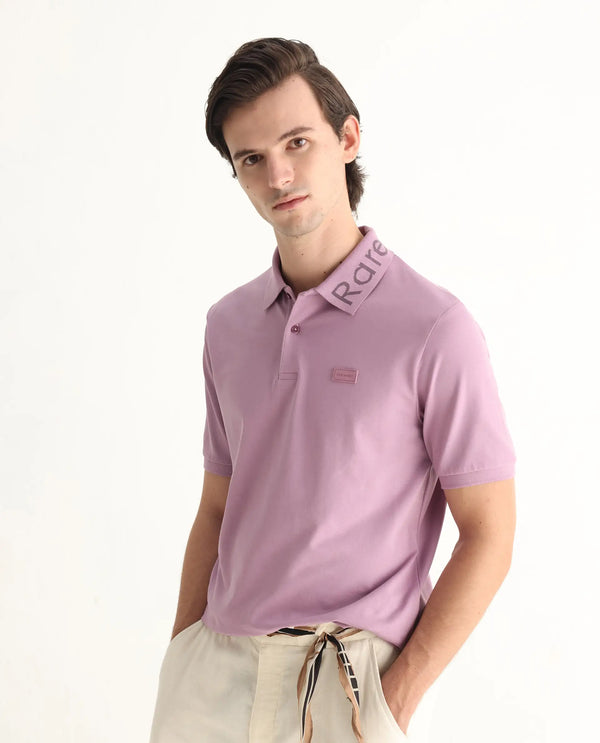 Rare Rabbit Men Vinc Dusky Pink Cotton Fabric Short Sleeve Silicon Badge Button Closure Plain Polo