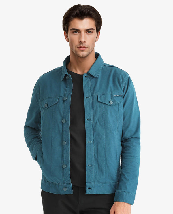 Rare Rabbit Men's Vintage Dark Teal Plain Denim Trucker Jacket