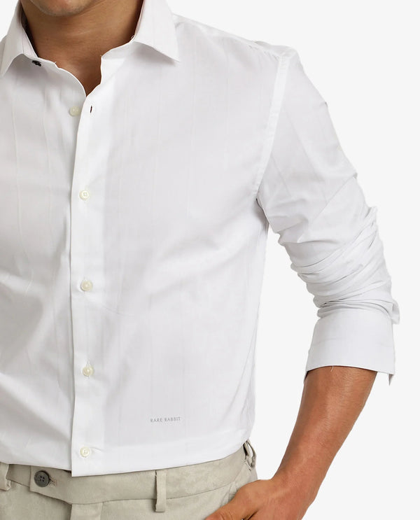 Rare Rabbit Men Vista-1 White Cotton Polyester Lycra Fabric Full Sleeve Regular Collar Self Stripe Dobby Shirt
