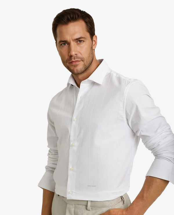 Rare Rabbit Men Vista-1 White Cotton Polyester Lycra Fabric Full Sleeve Regular Collar Self Stripe Dobby Shirt