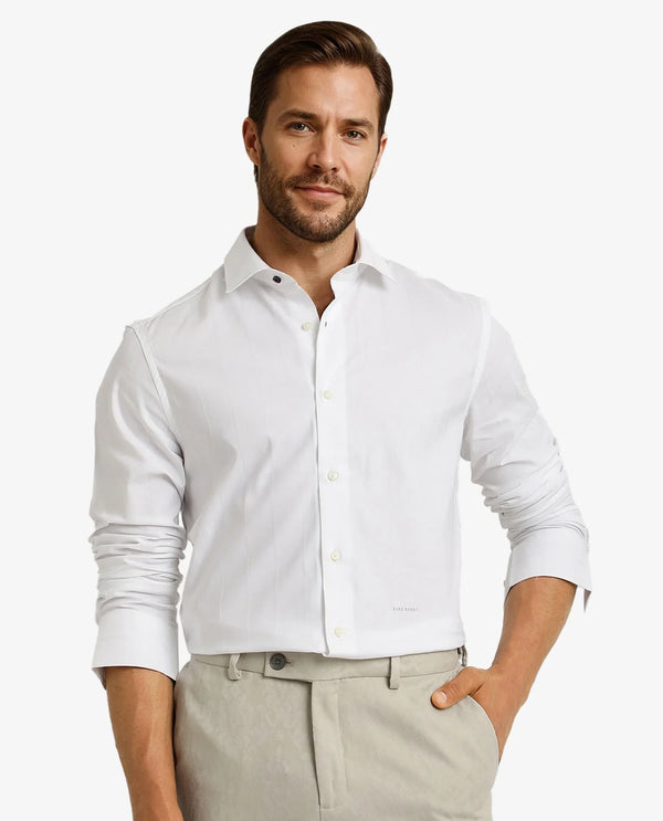 Rare Rabbit Men Vista-1 White Cotton Polyester Lycra Fabric Full Sleeve Regular Collar Self Stripe Dobby Shirt
