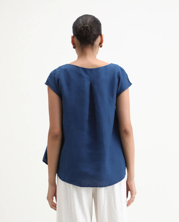 Rareism Women Vita Dark Blue Cotton Linen Fabric Regular Fit Boat Neck Half Sleeves Solid Top