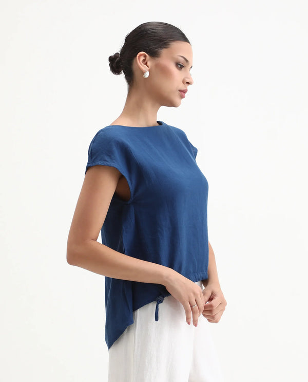 Rareism Women Vita Dark Blue Cotton Linen Fabric Regular Fit Boat Neck Half Sleeves Solid Top