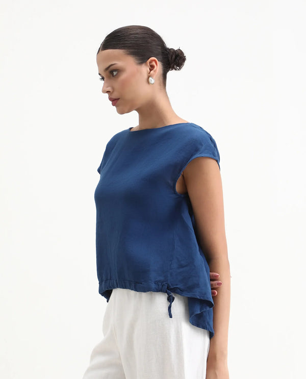 Rareism Women Vita Dark Blue Cotton Linen Fabric Regular Fit Boat Neck Half Sleeves Solid Top
