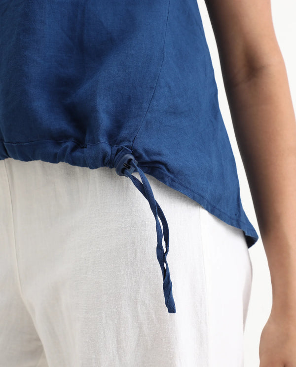 Rareism Women Vita Dark Blue Cotton Linen Fabric Regular Fit Boat Neck Half Sleeves Solid Top