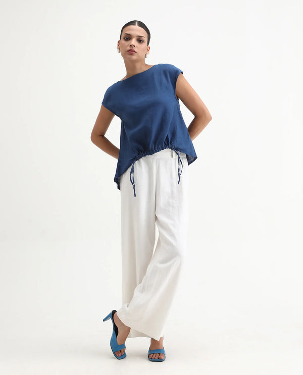 Rareism Women Vita Dark Blue Cotton Linen Fabric Regular Fit Boat Neck Half Sleeves Solid Top