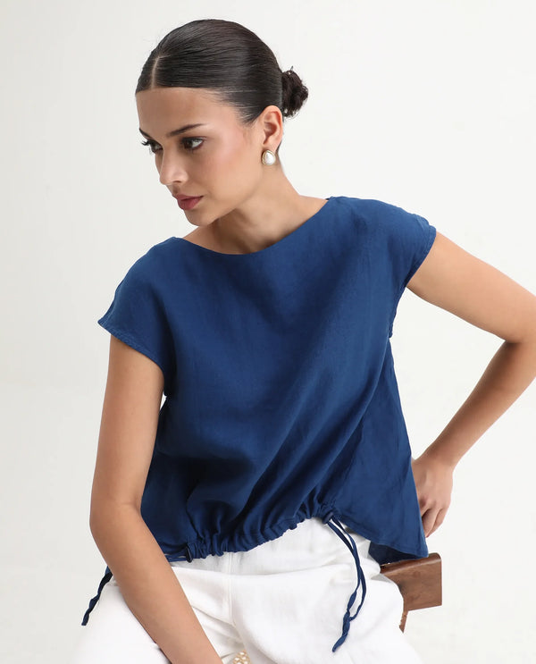 Rareism Women Vita Dark Blue Cotton Linen Fabric Regular Fit Boat Neck Half Sleeves Solid Top