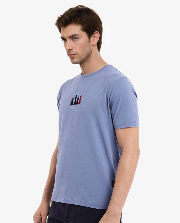 Rare Rabbit Men Vital Dusky Blue Cotton Lycra Fabric Short Sleeve Crew Neck Regular Fit Graphic Flock Print T-Shirt