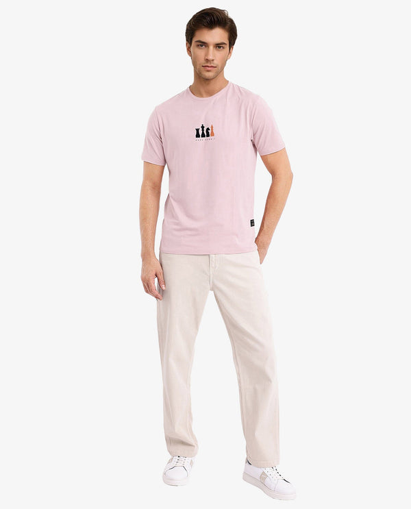 Rare Rabbit Men Vital Light Pink Cotton Lycra Fabric Short Sleeve Crew Neck Regular Fit Graphic Flock Print T-Shirt