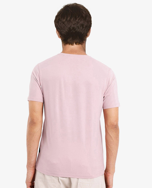 Rare Rabbit Men Vital Light Pink Cotton Lycra Fabric Short Sleeve Crew Neck Regular Fit Graphic Flock Print T-Shirt
