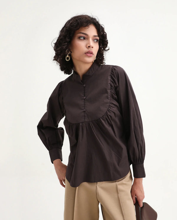 Rareism Women Vize Brown Cotton Blend Fabric Cuffed Sleeve High Neck Button Closure Relaxed Fit Plain Top