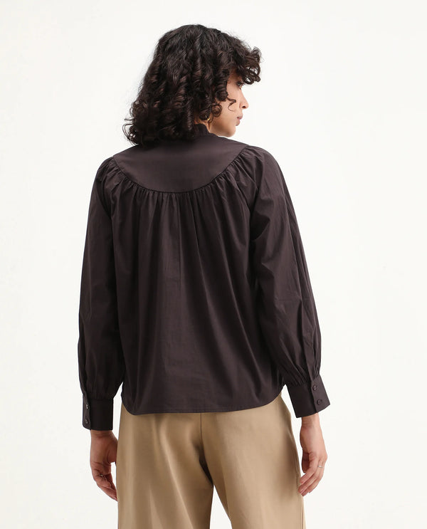 Rareism Women Vize Brown Cotton Blend Fabric Cuffed Sleeve High Neck Button Closure Relaxed Fit Plain Top