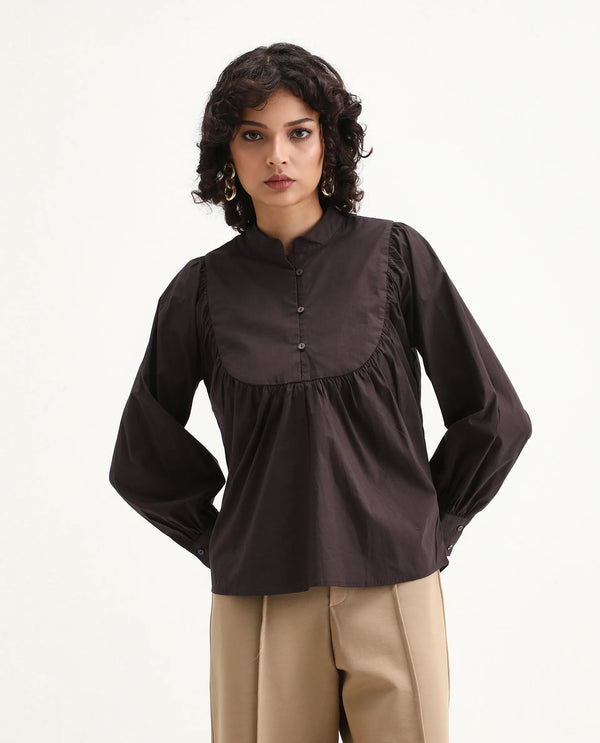 Rareism Women Vize Brown Cotton Blend Fabric Cuffed Sleeve High Neck Button Closure Relaxed Fit Plain Top