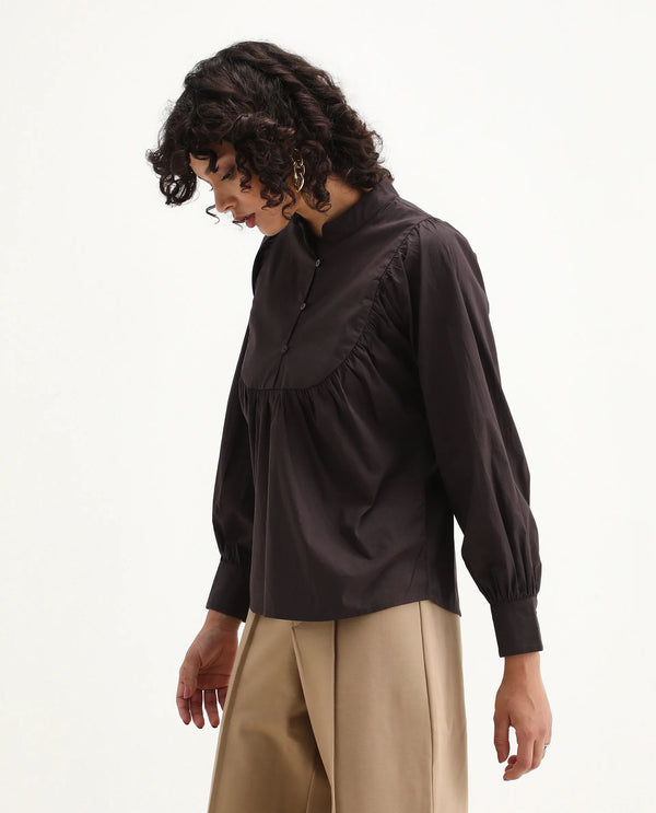 Rareism Women Vize Brown Cotton Blend Fabric Cuffed Sleeve High Neck Button Closure Relaxed Fit Plain Top
