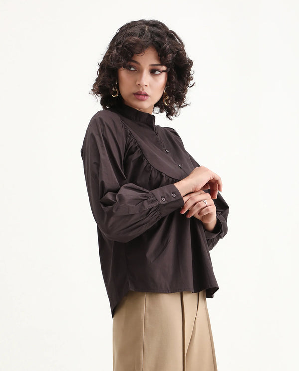 Rareism Women Vize Brown Cotton Blend Fabric Cuffed Sleeve High Neck Button Closure Relaxed Fit Plain Top