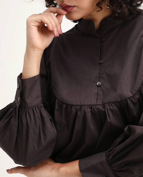 Rareism Women Vize Brown Cotton Blend Fabric Cuffed Sleeve High Neck Button Closure Relaxed Fit Plain Top