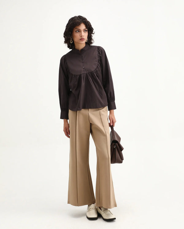 Rareism Women Vize Brown Cotton Blend Fabric Cuffed Sleeve High Neck Button Closure Relaxed Fit Plain Top