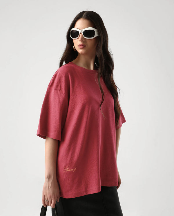 Rareism Women Wahre Red Pull On Closure Cotton Oversized Regular Graphic Print T-Shirt