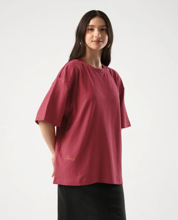 Rareism Women Wahre Red Pull On Closure Cotton Oversized Regular Graphic Print T-Shirt