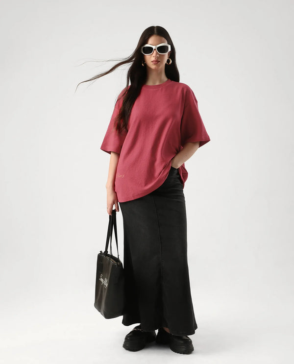 Rareism Women Wahre Red Pull On Closure Cotton Oversized Regular Graphic Print T-Shirt