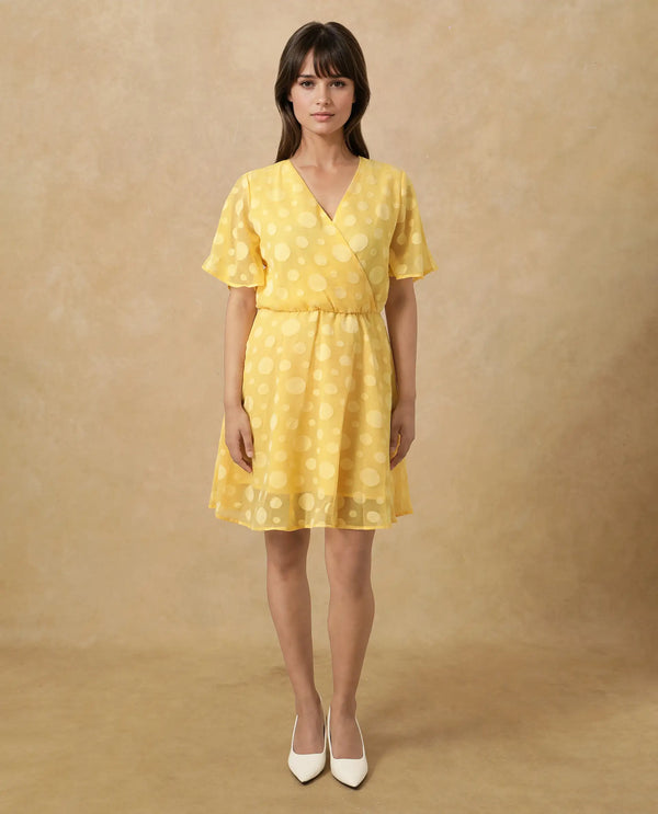 Rareism Women's Wallant Yellow Polyester Fabric V-Neck  Half Sleeve Polka Fit And Flare Mini Dress