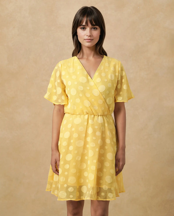Rareism Women's Wallant Yellow Polyester Fabric V-Neck  Half Sleeve Polka Fit And Flare Mini Dress