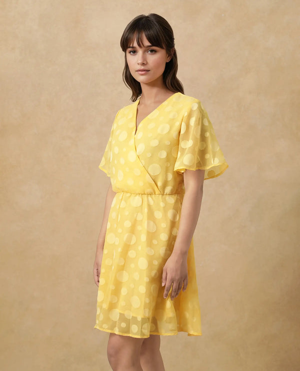 Rareism Women's Wallant Yellow Polyester Fabric V-Neck  Half Sleeve Polka Fit And Flare Mini Dress