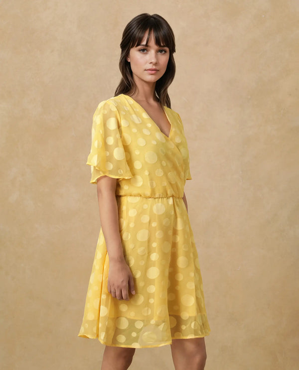 Rareism Women's Wallant Yellow Polyester Fabric V-Neck  Half Sleeve Polka Fit And Flare Mini Dress