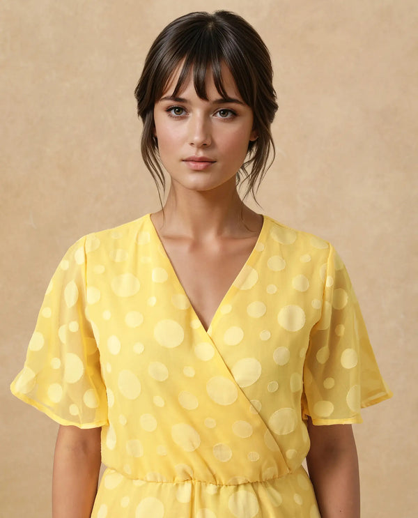 Rareism Women's Wallant Yellow Polyester Fabric V-Neck  Half Sleeve Polka Fit And Flare Mini Dress