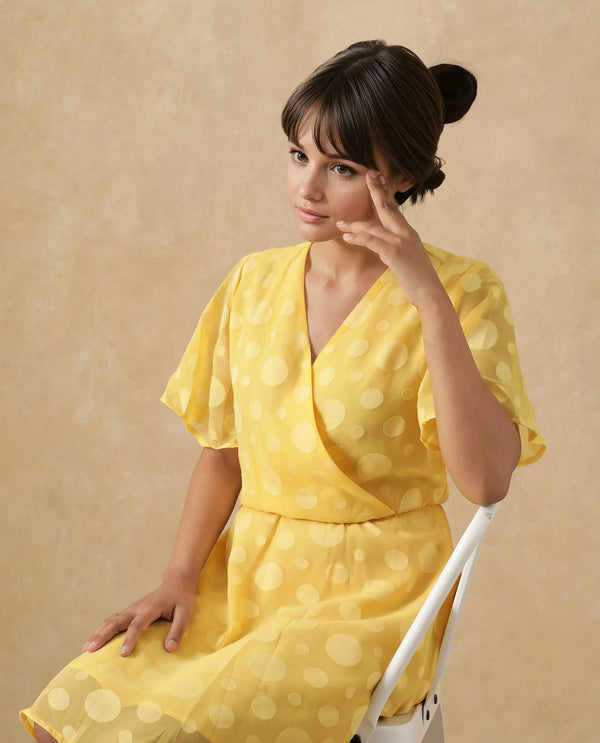 Rareism Women's Wallant Yellow Polyester Fabric V-Neck  Half Sleeve Polka Fit And Flare Mini Dress