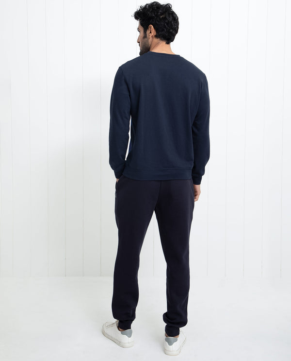 Rare Rabbit Men's Waltz Navy Cotton Polyester Fabric Full Sleeves Graphic Print Knitted Sweatshirt
