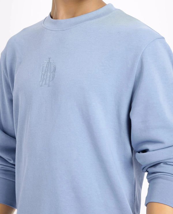Rare Rabbit Men Wares Blue Lurex Full Sleeve Crew Neck Plain Embroidered Logo Sweatshirt