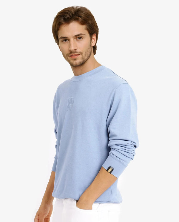 Rare Rabbit Men Wares Blue Lurex Full Sleeve Crew Neck Plain Embroidered Logo Sweatshirt