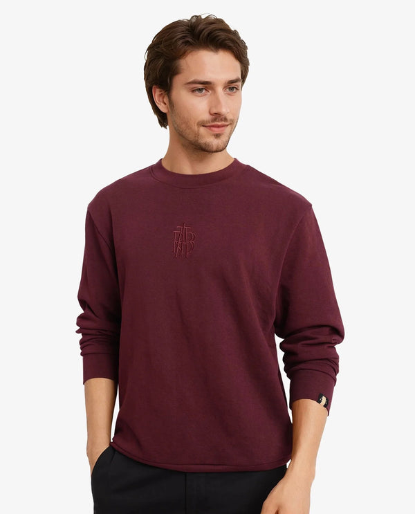 Rare Rabbit Men Wares Maroon Lurex Full Sleeve Crew Neck Plain Embroidered Logo Sweatshirt